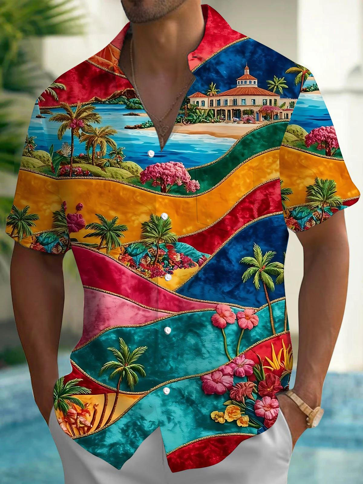 Colorful Hill Ocean Palm Print Men's Pocket Short Sleeve Shirts