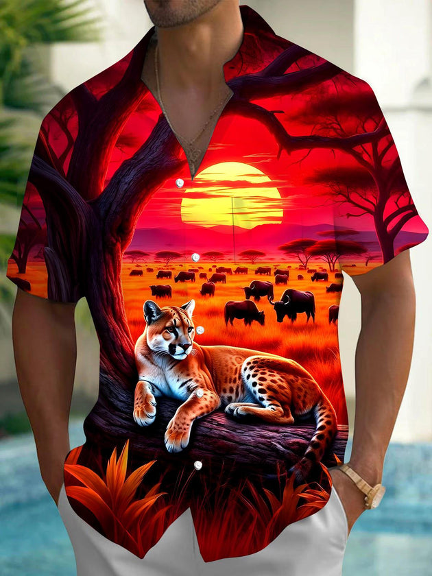 Men's forest animals cheetah cow print short sleeve shirt front view