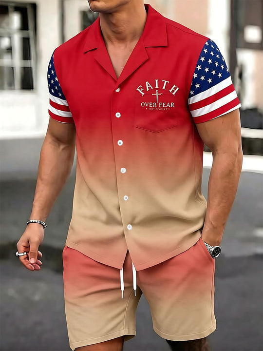 Independence Day Faith Over Fear Gradient American Flag Men's Pocket Short Sleeve Shirts