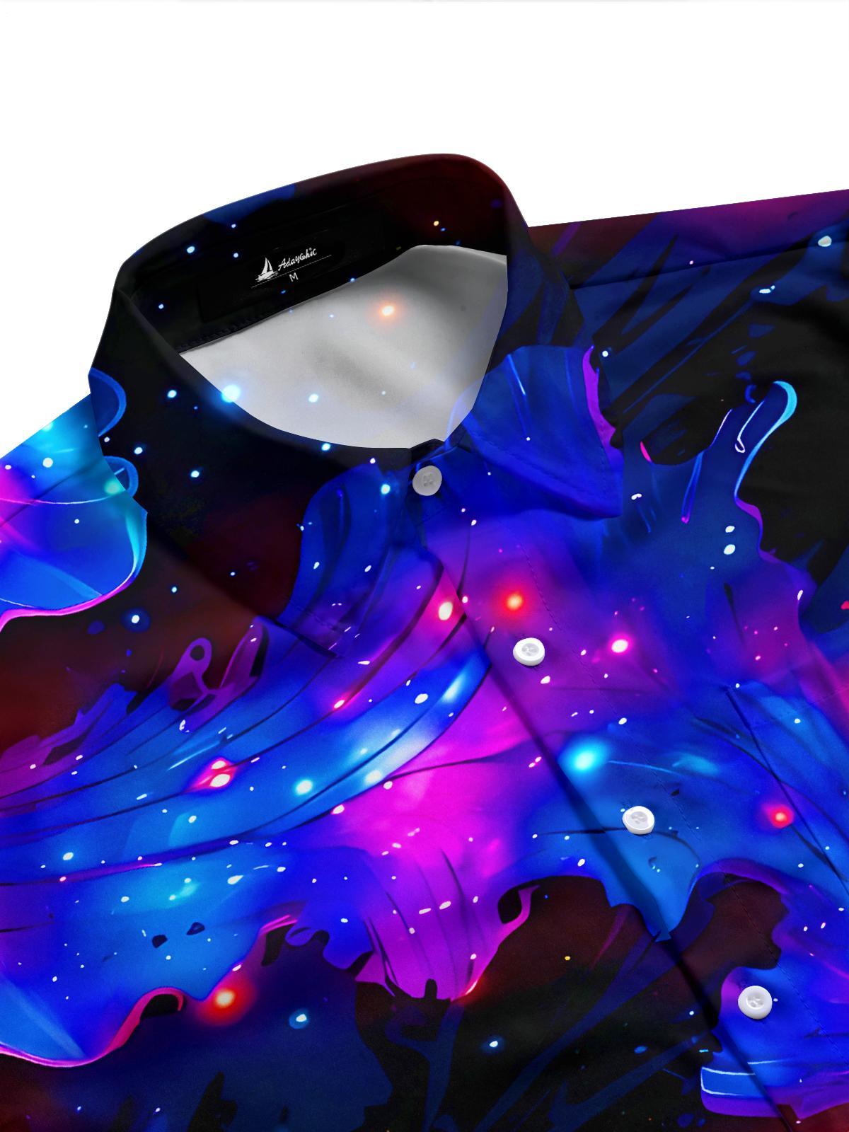Starry Sky Neon Leaf Floral Men's Pocket Short Sleeve Shirts
