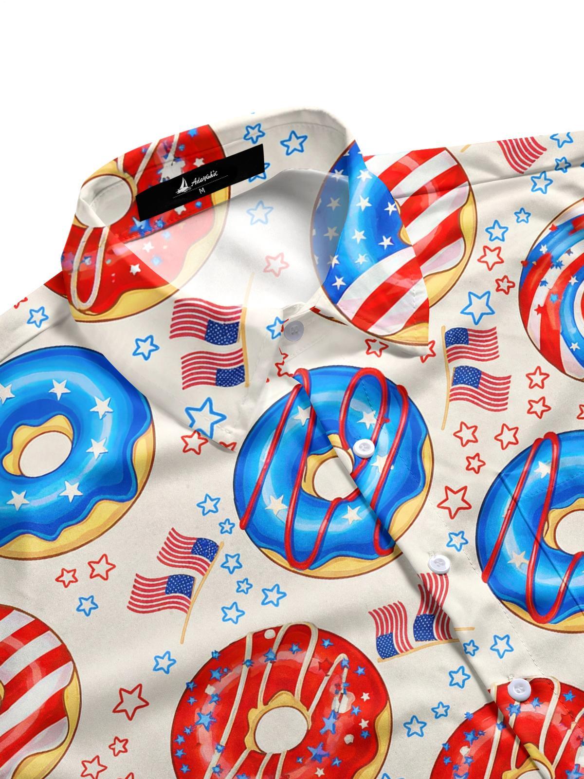 Men's side view patriotic print American flag donut pocket short sleeve shirt