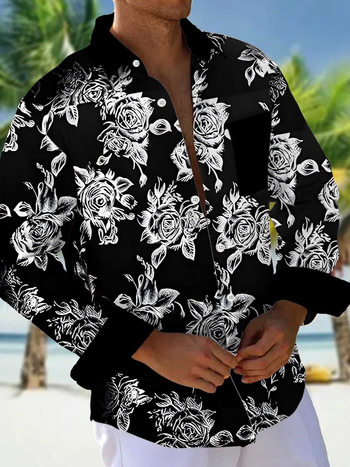 Floral Men's Pocket Long Sleeve Shirts