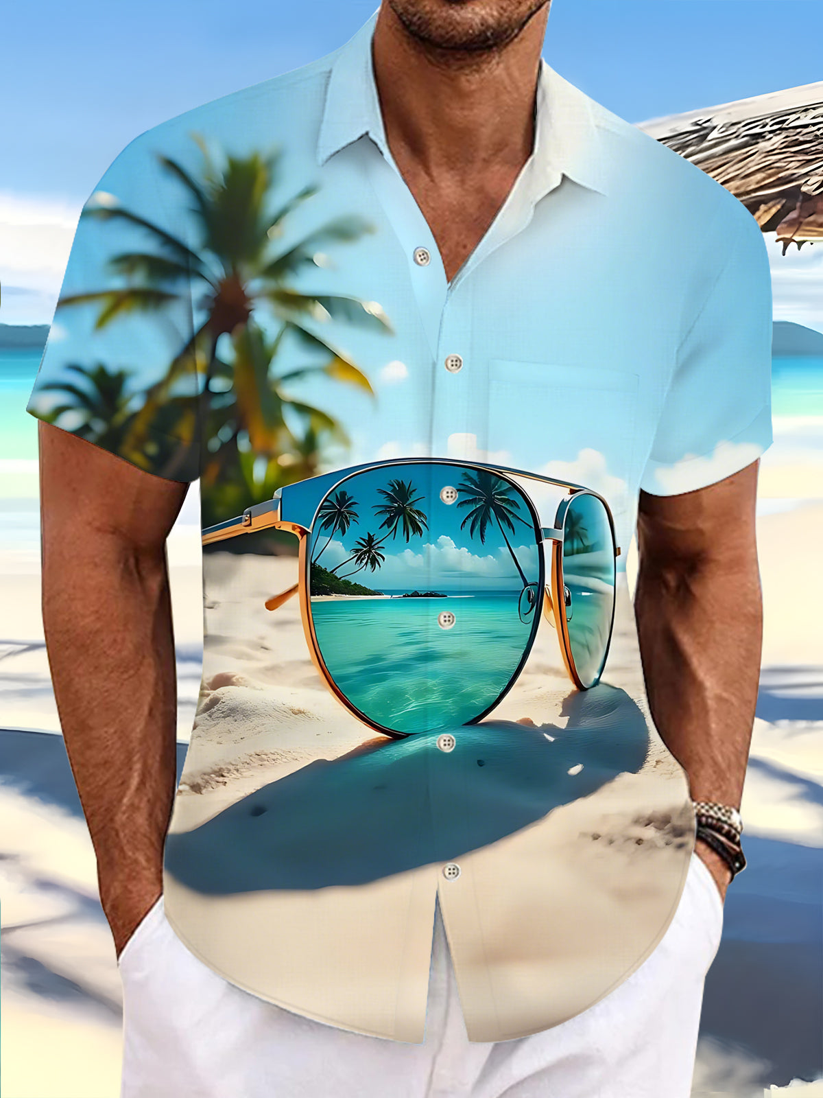Hawaiian Beach Sunglasses Print Men's Pocket Short Sleeve Shirts