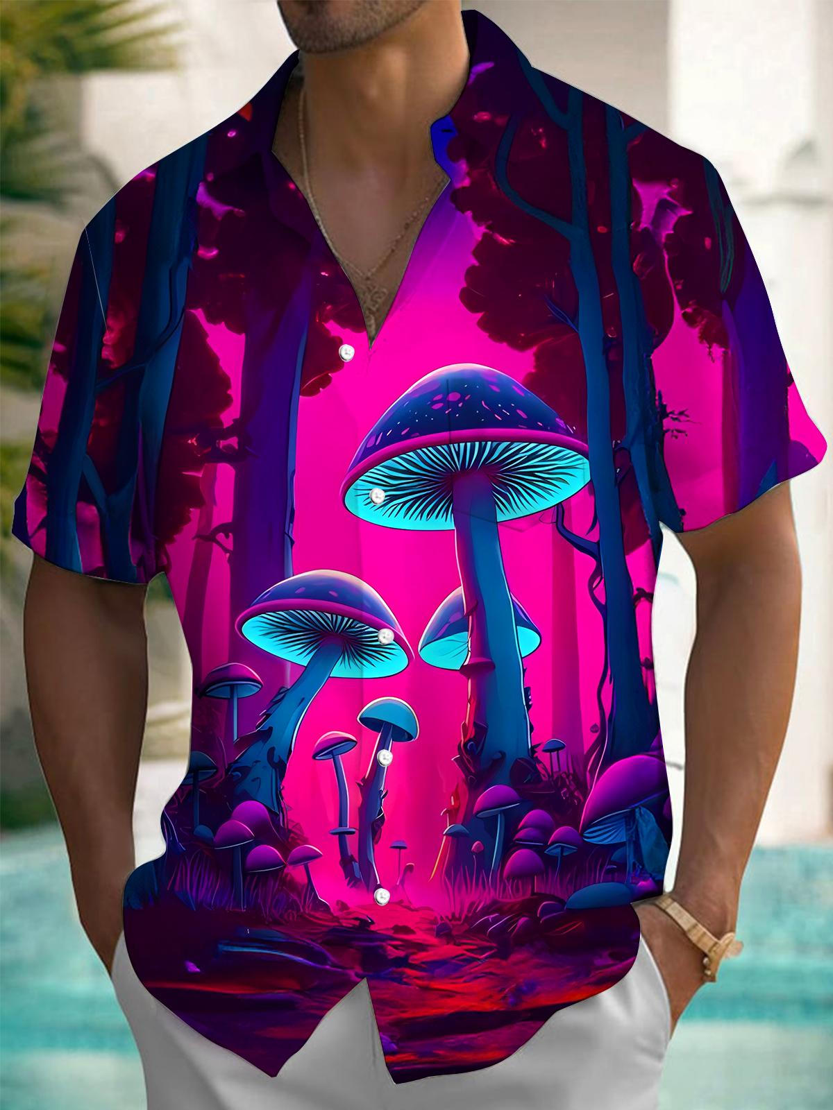 Mushroom Print Men's Pocket Short Sleeve Shirts