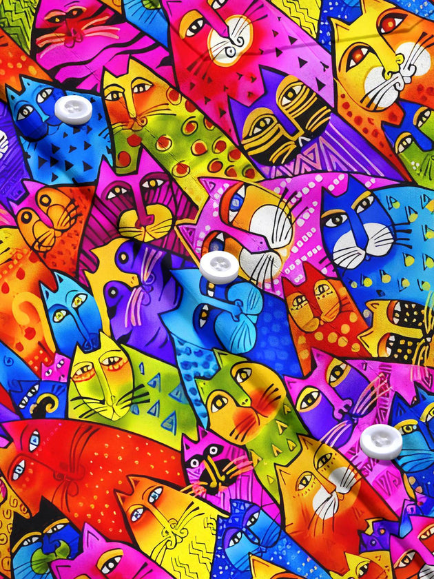 Funny Art Colorful Cats Carnival Men's Pocket Long Sleeve Shirts