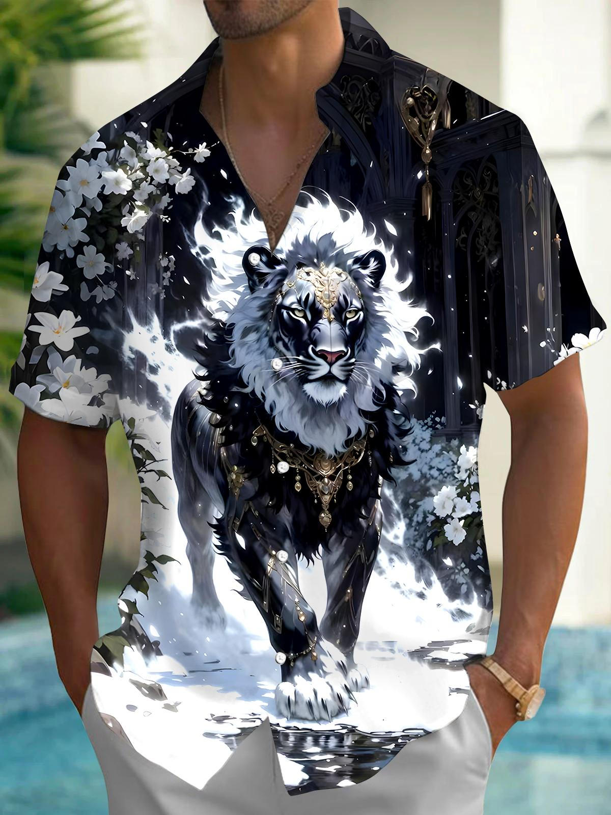 Lion Floral Men's Pocket Short Sleeve Shirts