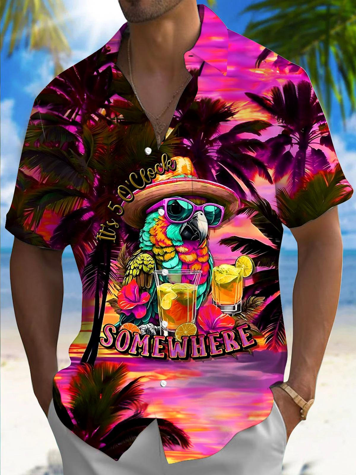 It's 5 o'clock Somewhere Tropical Parrot Cocktail Men's Pocket Short Sleeve Shirts