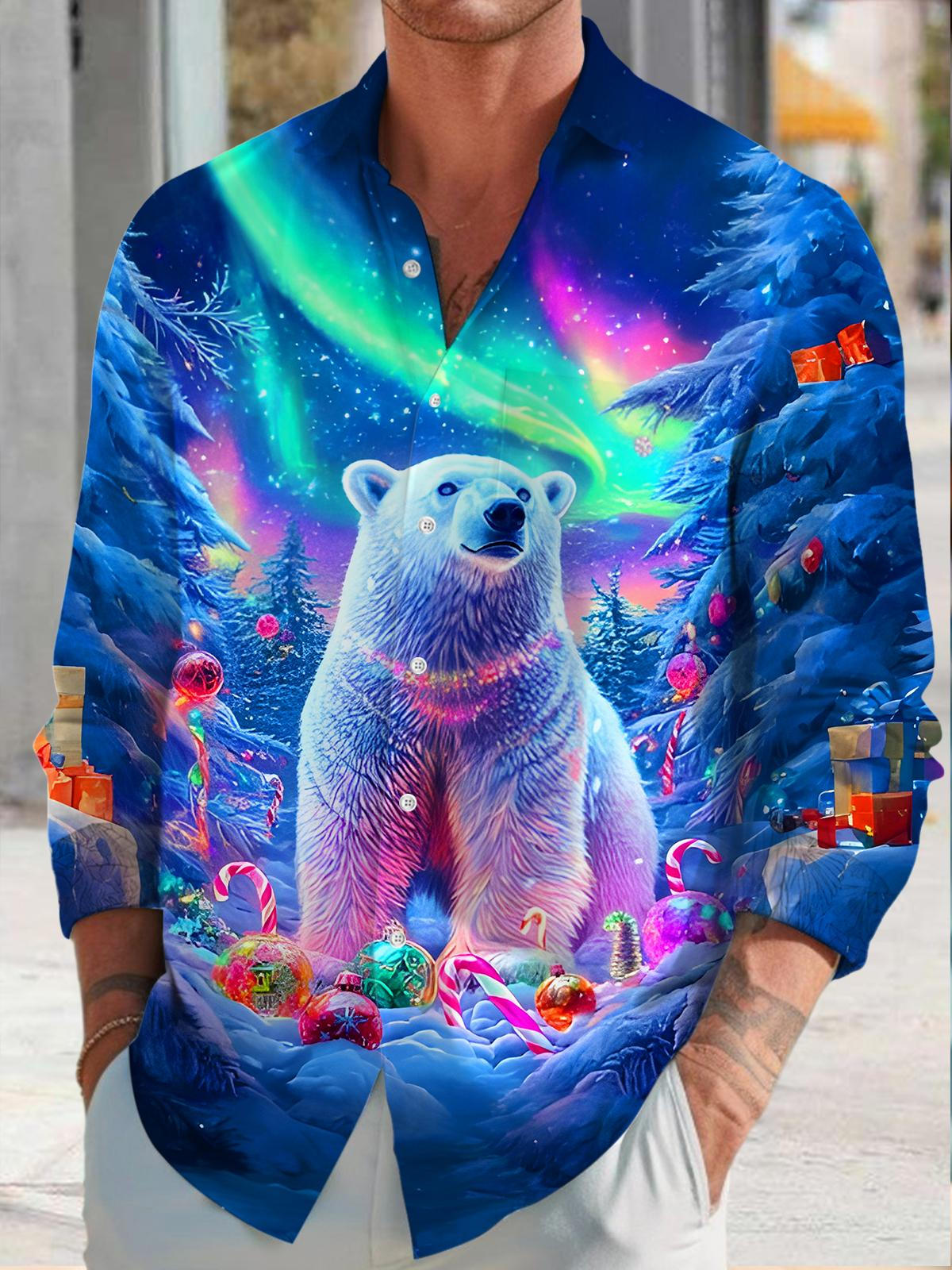 Winter Snow Aurora Polar Bear Gift Men's Pocket Long Sleeve Shirts