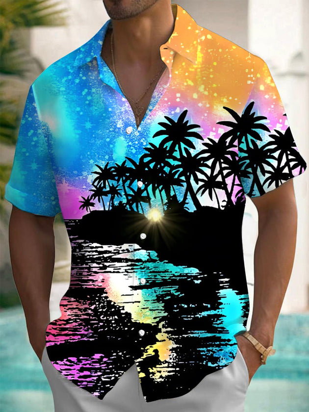 Men's Hawaiian coconut tree gradient print pocket short sleeve shirt front view for tropical beach vacation
