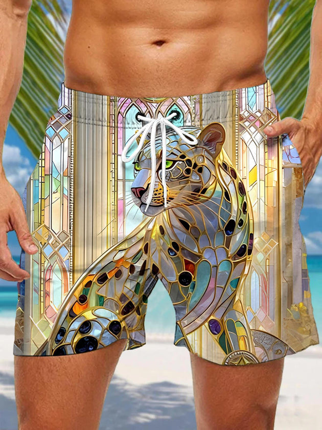 Men's cheetah print pocket casual shorts front view