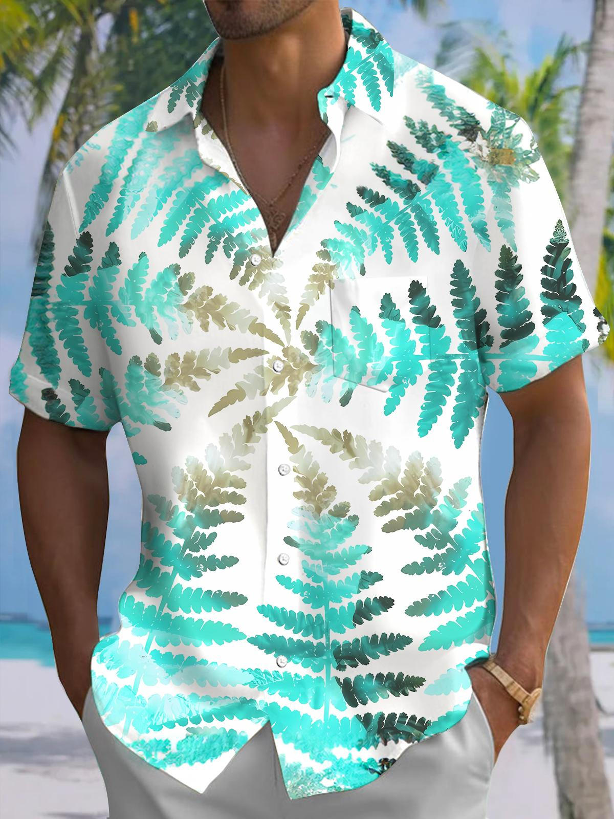 Hawaiian Plant Leaf Print Men's Pocket Short Sleeve Shirts