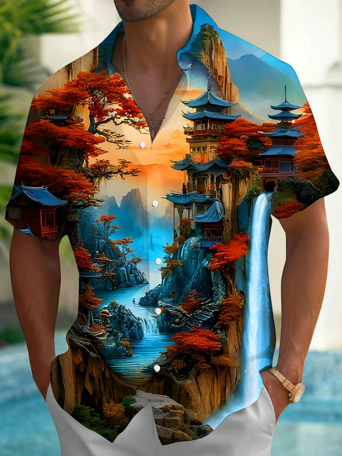 Floral Landscape Courtyard Men's Pocket Short Sleeve Shirts