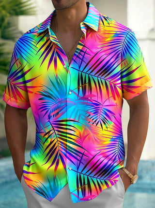 Adaychic Rainbow Tropical Palm Print Matching Couple Short Sleeve Button Down Shirts