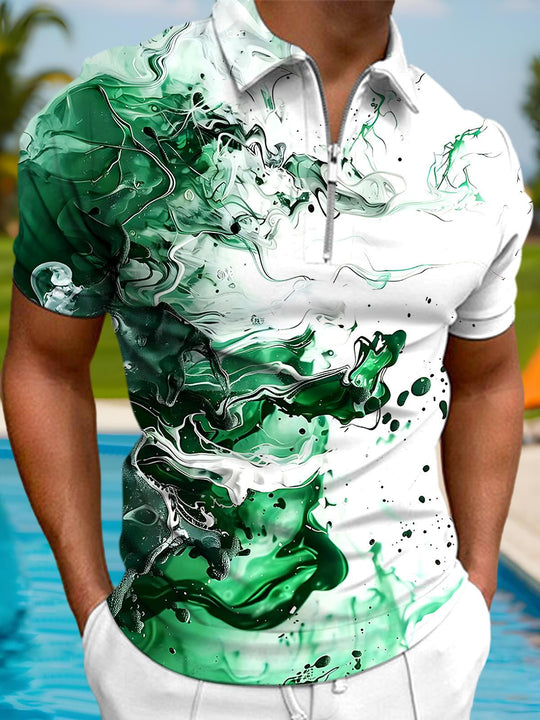 Men abstract print short sleeve zipper polo shirt front view