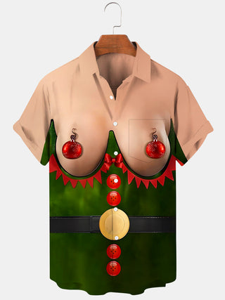 Men's novelty print pocket short sleeve shirt front view for Christmas holiday party