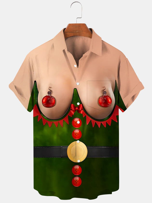 Men's novelty print pocket short sleeve shirt front view for Christmas holiday party