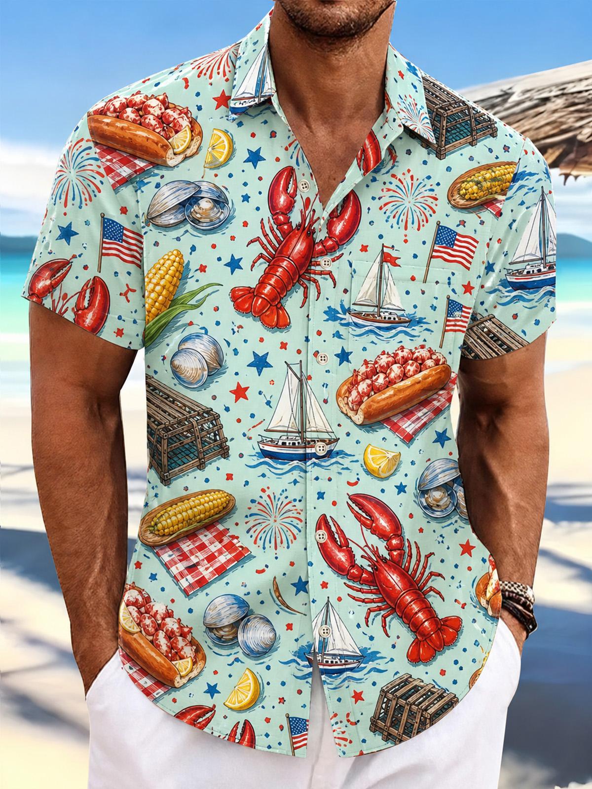 Independence Day American Flag Lobster Hot Dog Boat Print Men's Pocket Short Sleeve Shirts
