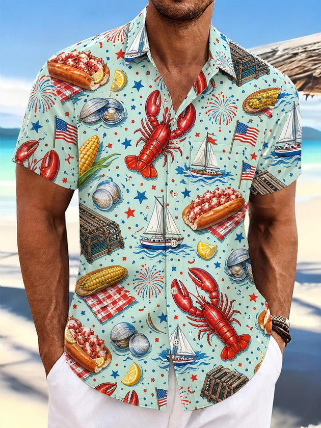 Independence Day American Flag Lobster Hot Dog Boat Print Men's Pocket Short Sleeve Shirts