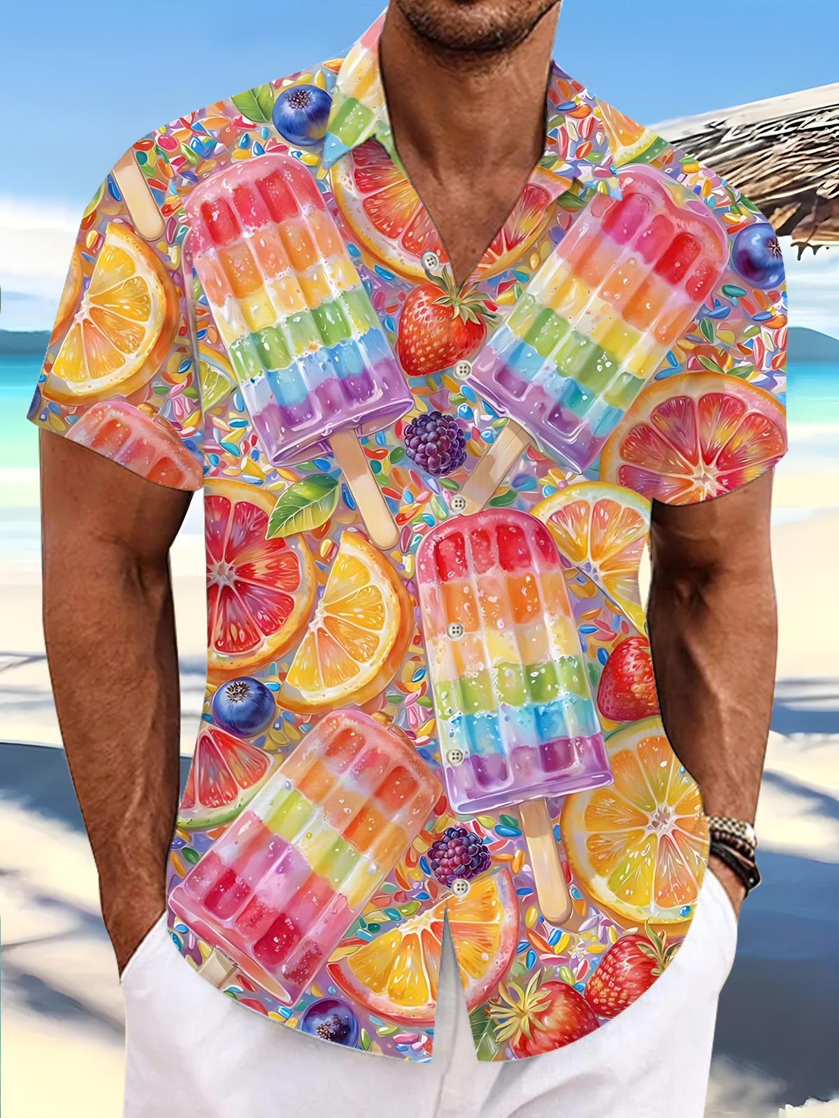 Rainbow Popsicle Print Men's Pocket Short Sleeve Shirts