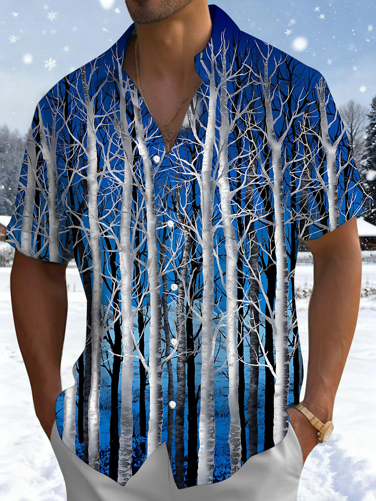 Birch Tree Print Men's Pocket Short Sleeve Shirts