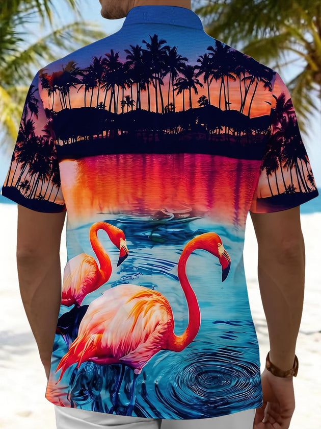 Sunset Flamingo Hawaiian Men's Pocket Short Sleeve Shirts
