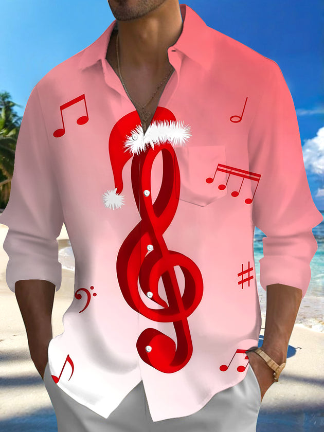 Men's Christmas hat musical note print long sleeve shirt front view for Christmas holiday party