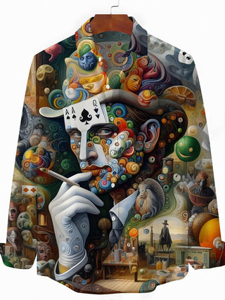 Men's abstract face poker art print long sleeve shirt front view
