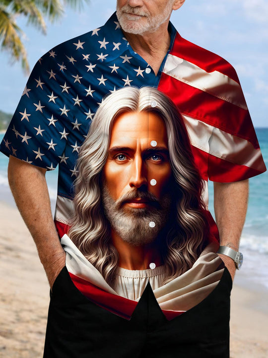Men's short sleeve Jesus patriotic pocket shirt front view Independence Day