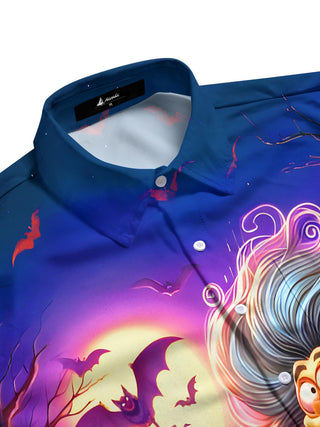 Men's side view spooky half sleeve shirt with ghost bat pumpkin print