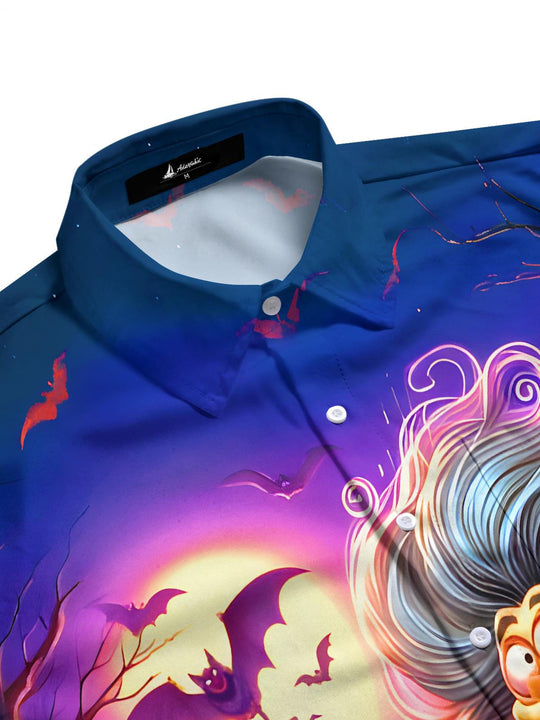 Men's side view spooky half sleeve shirt with ghost bat pumpkin print