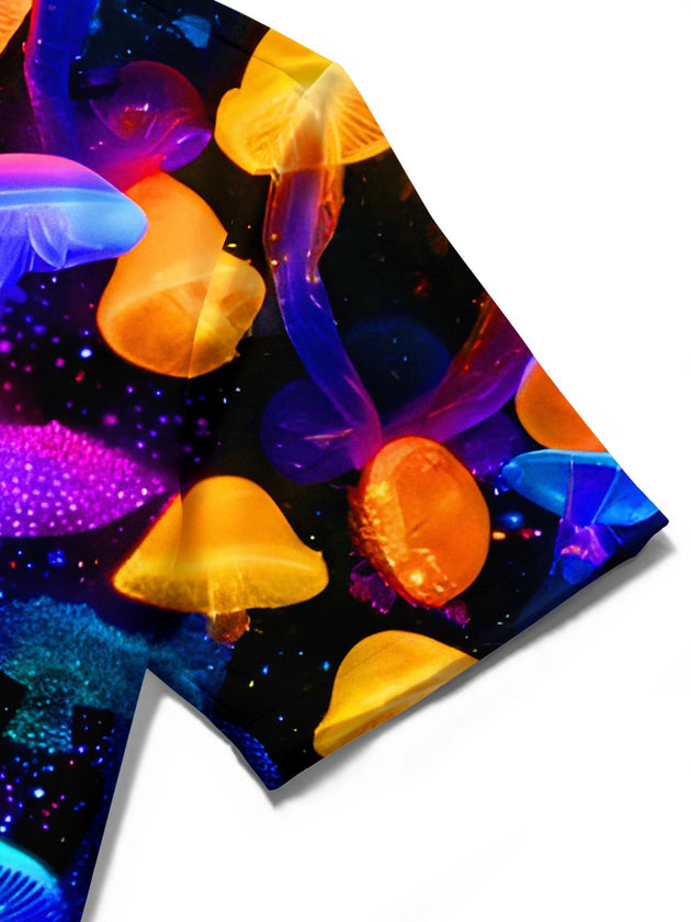 men's colorful mushroom print shirt close-up short sleeve