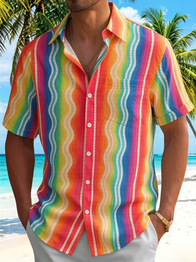 Pride Month Colorful Wavy Stripes Geometry Men's Pocket Short Sleeve Shirts