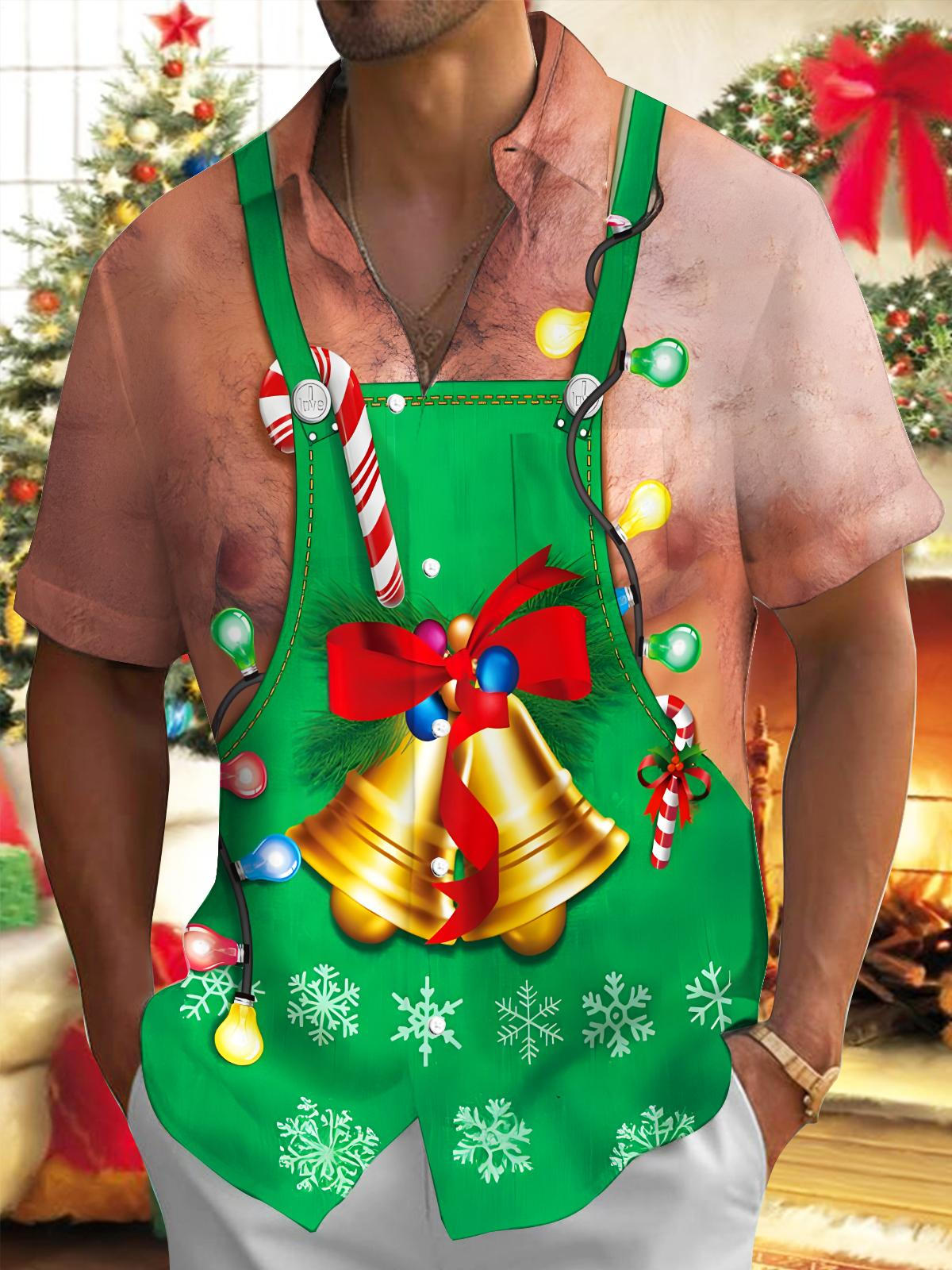 Fun Christmas Bell Snowflakes Vest Structure Xmas Men's Pocket Short Sleeve Shirts