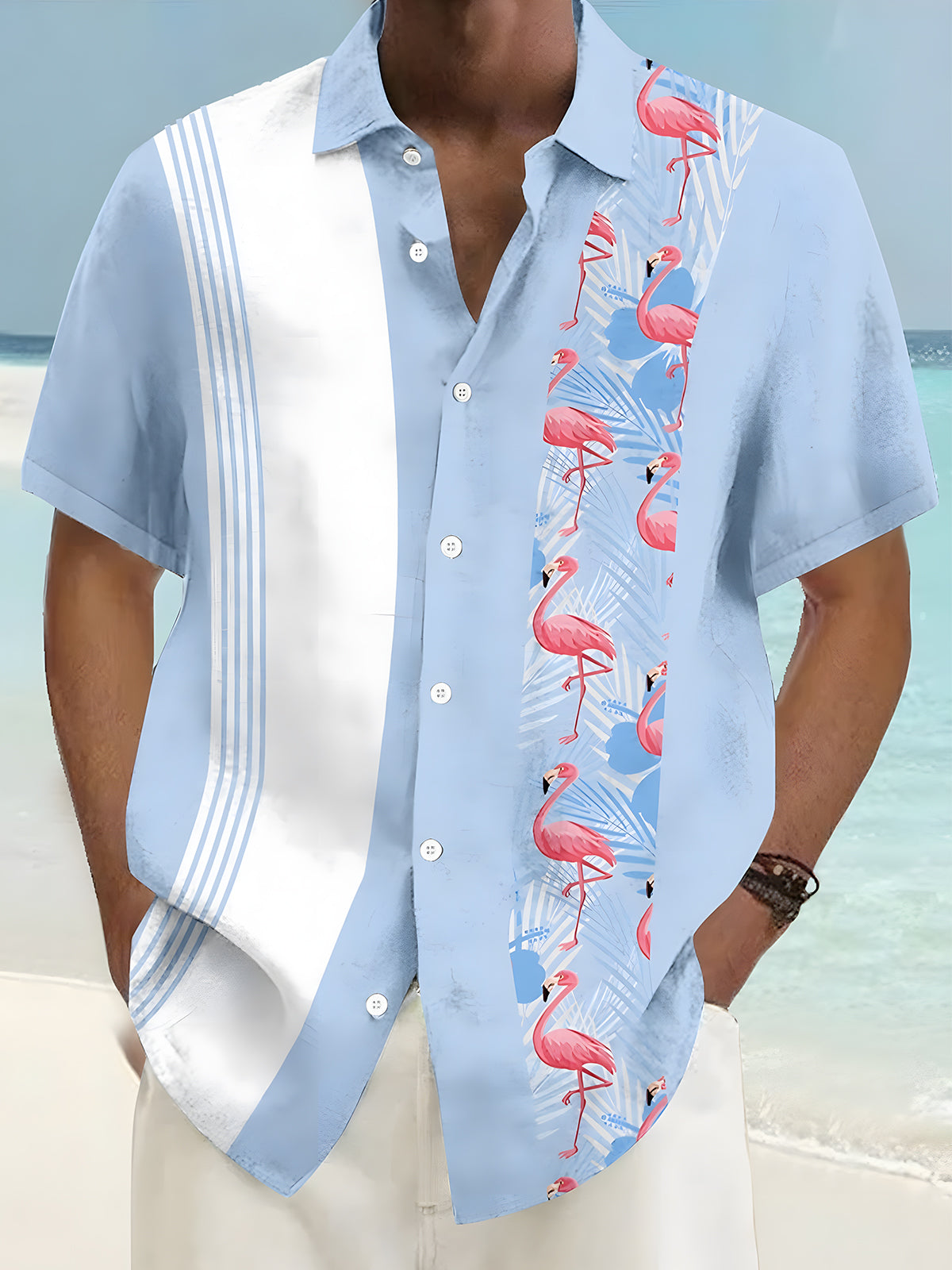 Hawaiian Flamingo Print Men's Pocket Short Sleeve Shirts