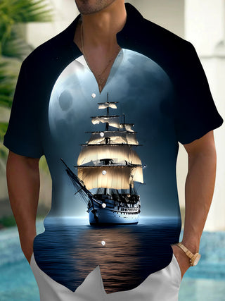 Men's Boat Pattern Short Sleeve Pocket Shirt Front View