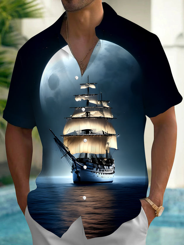 Men's Boat Pattern Short Sleeve Pocket Shirt Front View
