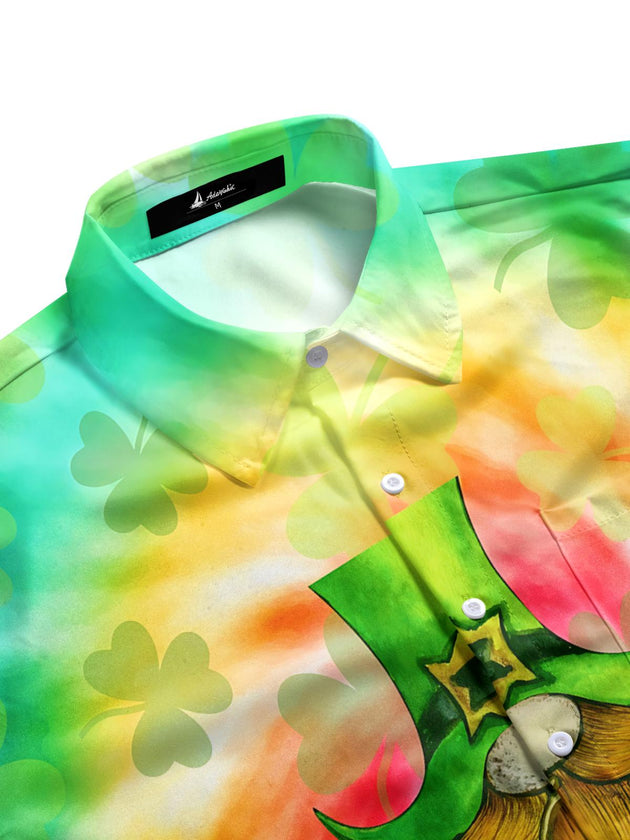 St. Patrick's Day Gnome Clover Tie Dye Print Men's Pocket Short Sleeve Shirts