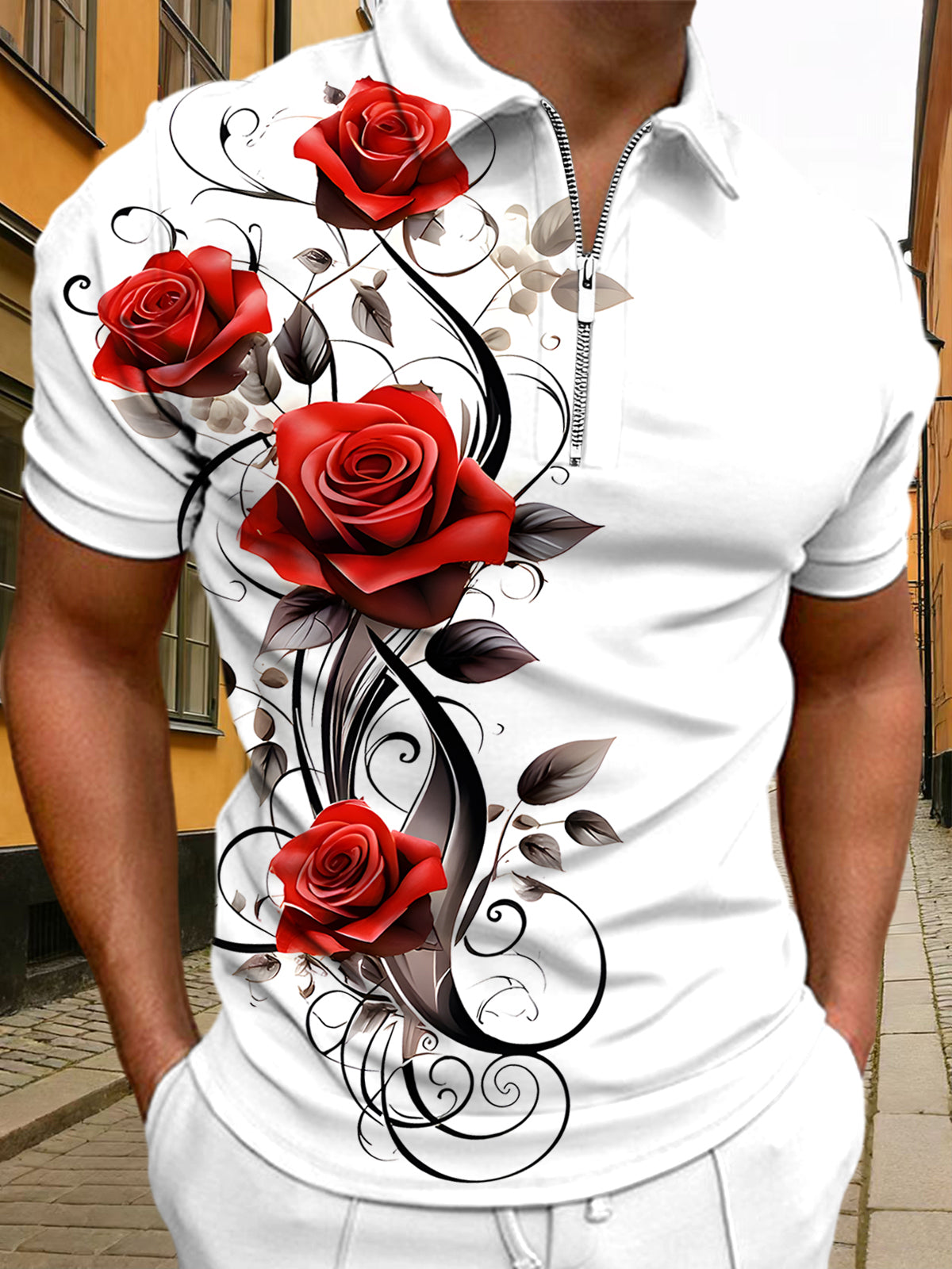 Rose Men's Short Sleeve Zipper Polo