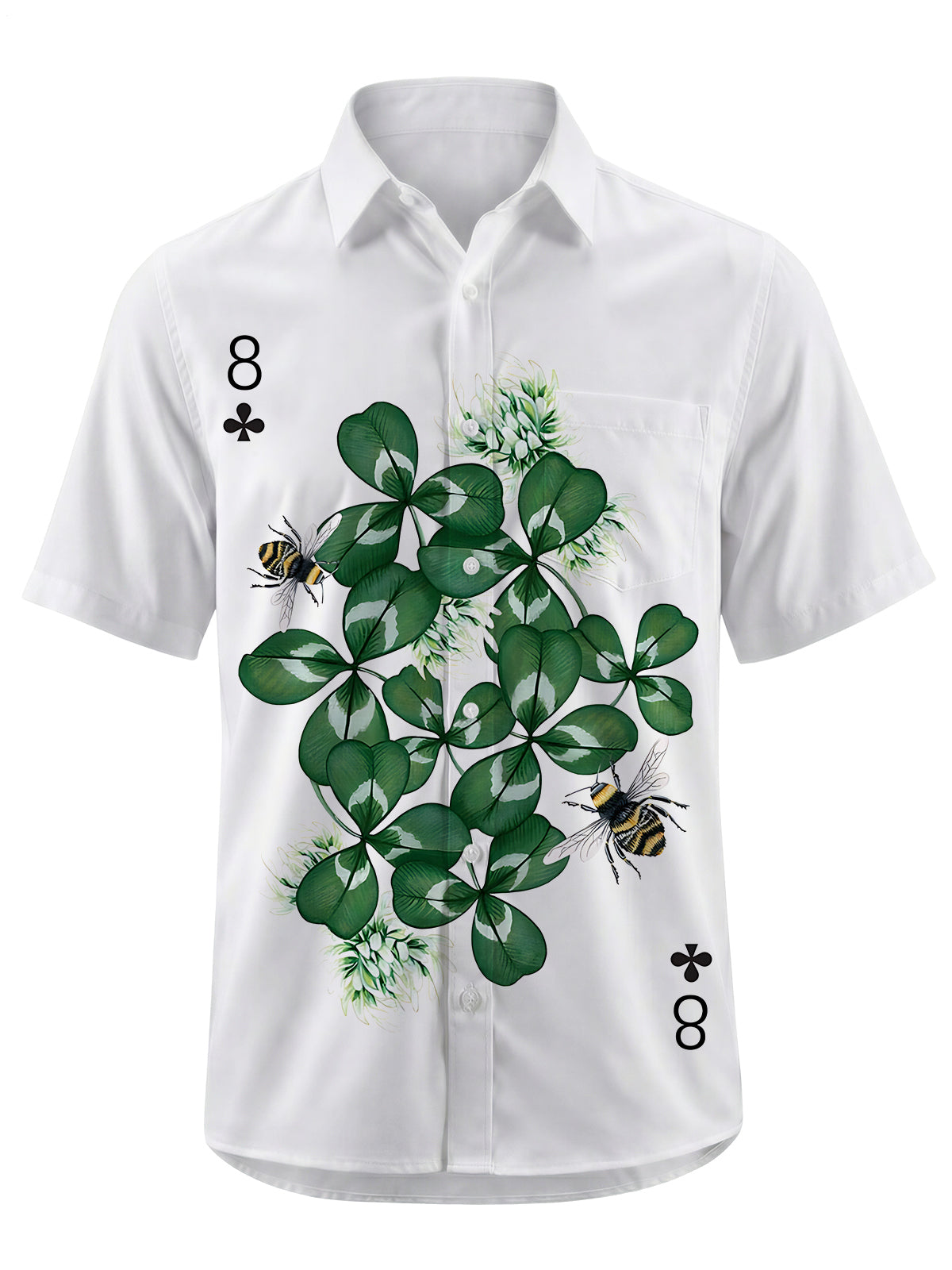Clover Bee Poker Print Men's Pocket Short Sleeve Shirts