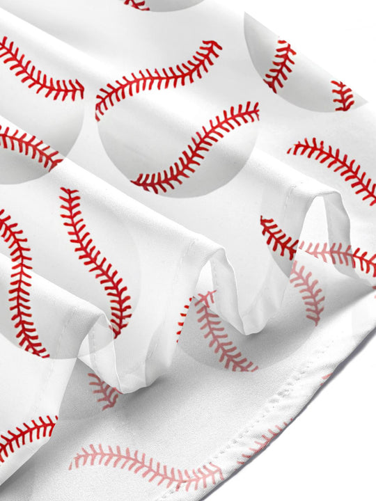 Men wearing sports print short sleeve shirt with baseball design lifestyle view