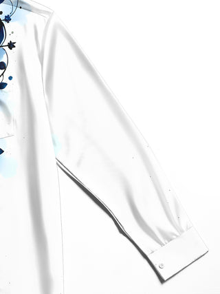 Men's floral long sleeve shirt flat lay view showcasing botanical pattern details