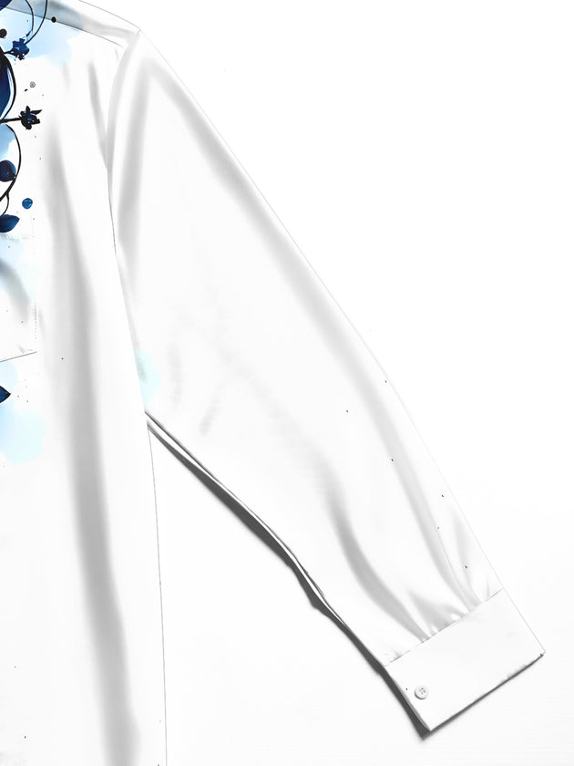Men's floral long sleeve shirt flat lay view showcasing botanical pattern details
