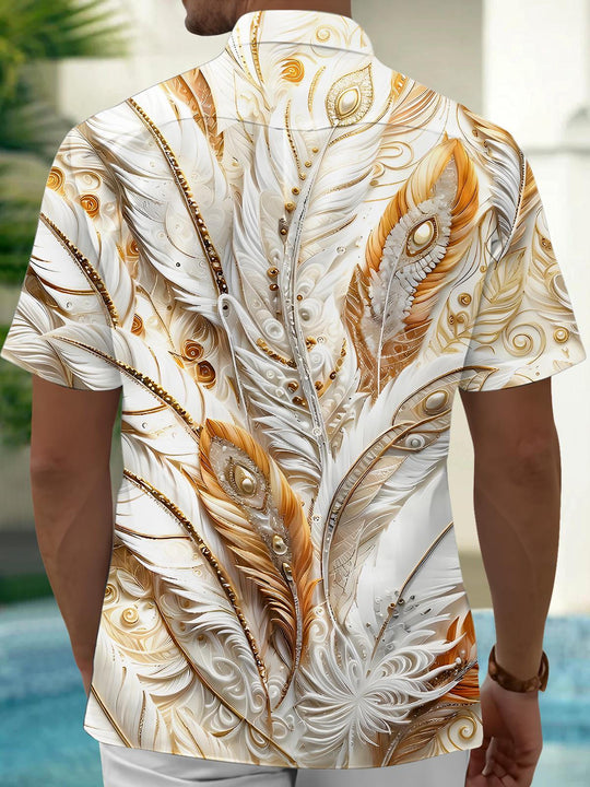 Men's short sleeve shirt back view with feather pattern