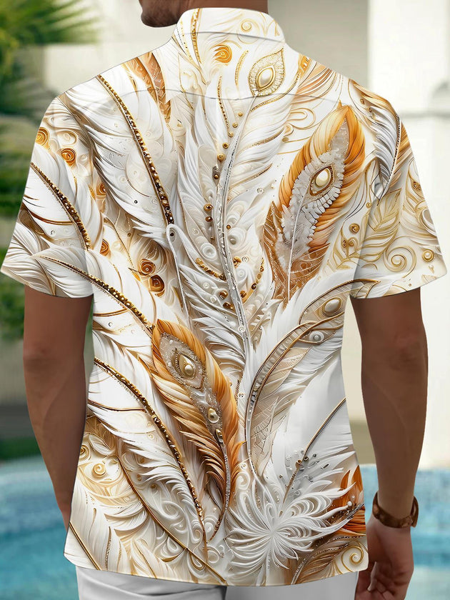 Men's short sleeve shirt back view with feather pattern