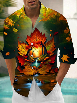 Men's autumn maple tree waterfall pattern long sleeve shirt front view