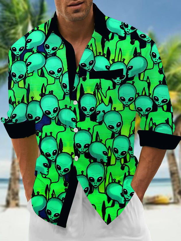 men's long sleeve alien print shirt front view