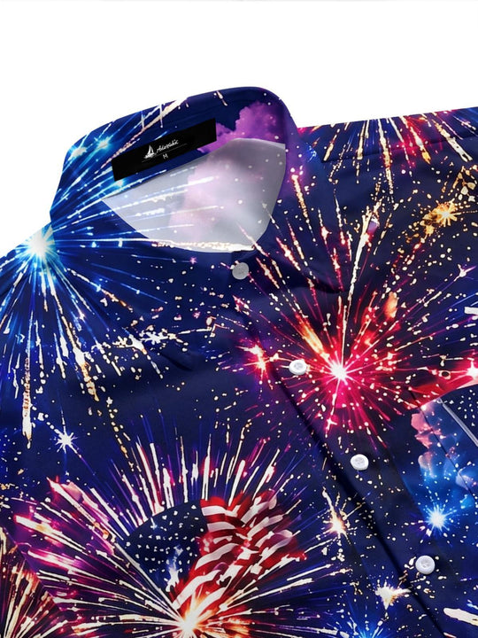 USA Independence Day Fireworks & Flag Men's Pocket Short Sleeve Shirts