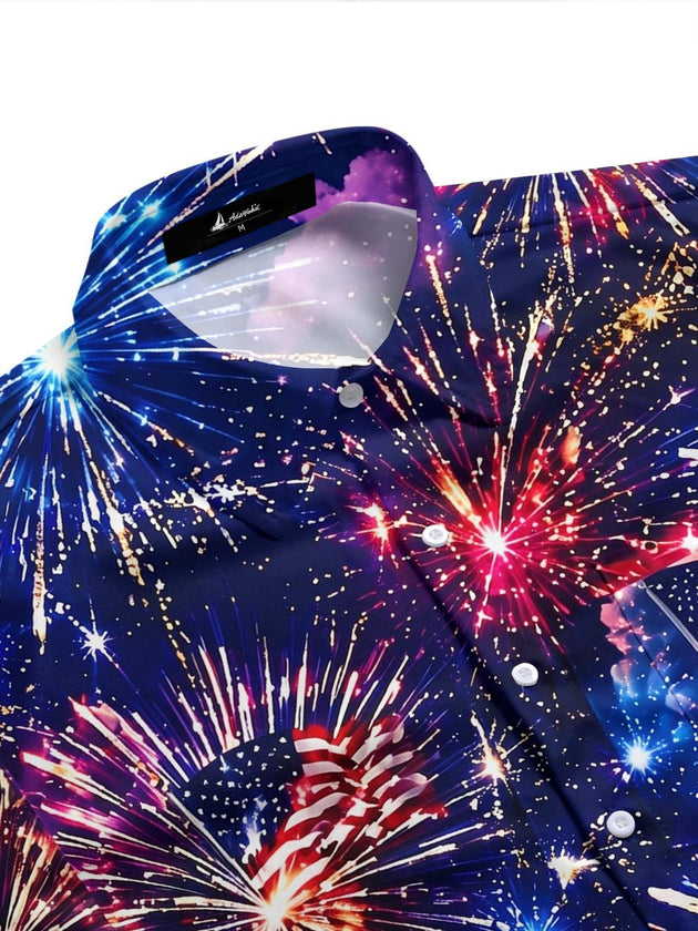 USA Independence Day Fireworks & Flag Men's Pocket Short Sleeve Shirts