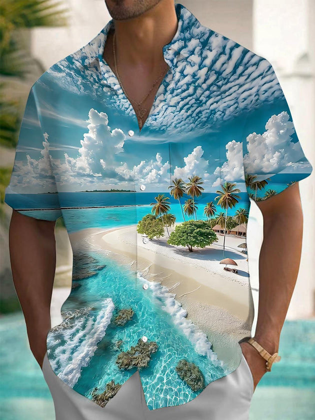 Men's Hawaiian ocean print short sleeve shirt front view for beach vacation