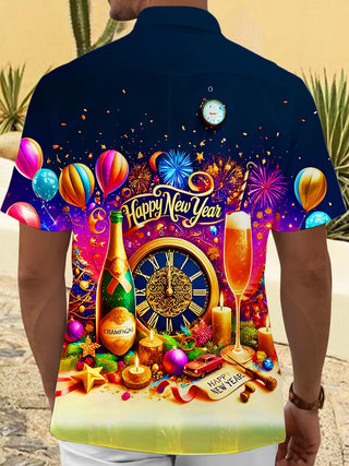 Men's short sleeve shirt back view with champagne balloons clock pattern